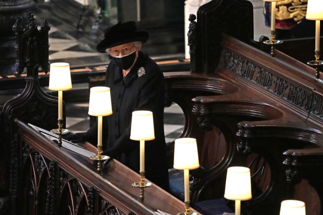 The Queen during the funeral of the Duke of Edinburgh in St George’s Chapel, Windsor Castle, Berkshire 