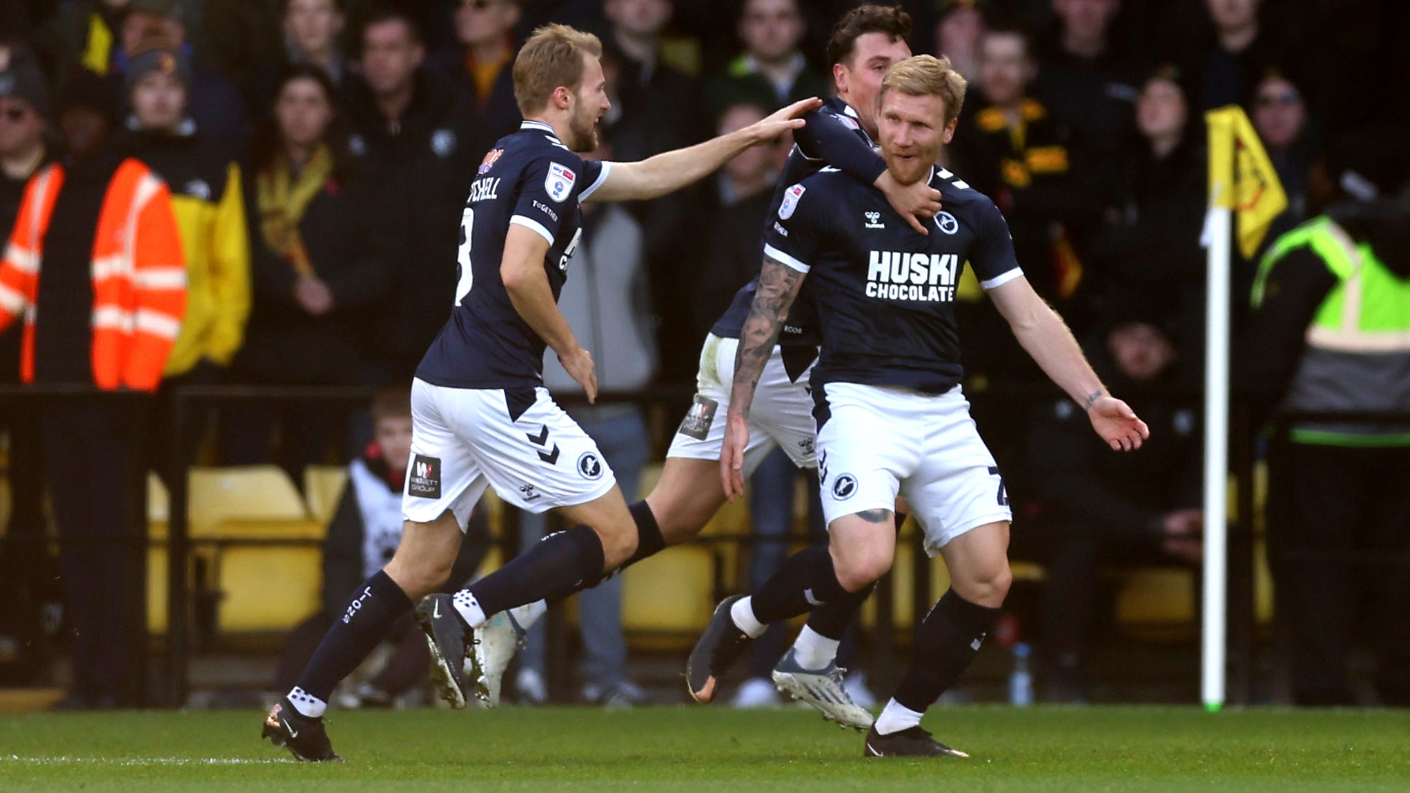 Andreas Voglsammer (right) celebrates scoring Millwall’s opener (Steven Paston/PA)