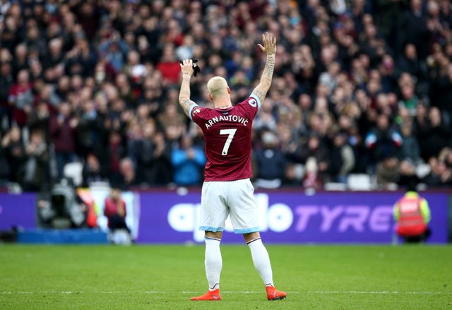 Marko Arnautovic salutes the crowd as he is substituted against Arsenal (Yui Mok/PA).