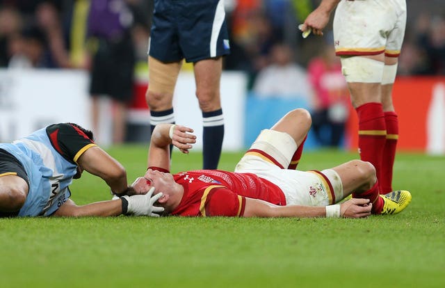 Wales' Liam Williams is treated by medical staff during the 2015 World Cup
