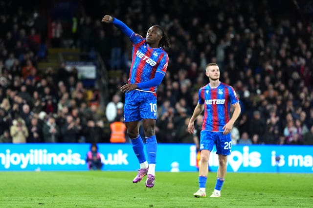 Crystal Palace’s Eberechi Eze (left) celebrates scoring