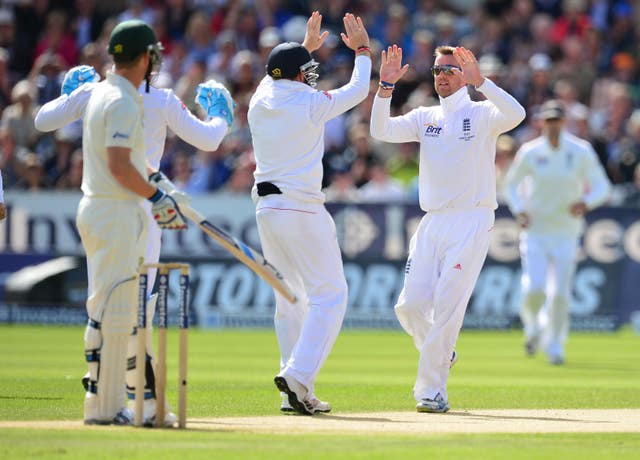 England’s Graeme Swann, right, celebrates taking the wicket of Australia’s Brad Haddin in 2013