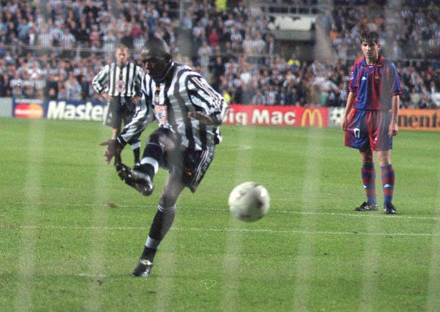 Faustino Asprilla fires Newcastle ahead against Barcelona from the penalty spot