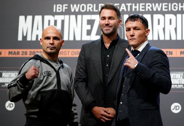 Warrington, right, will look to regain his IBF featherweight title against Kiko Martinez, left, this weekend (Zac Goodwin/PA)