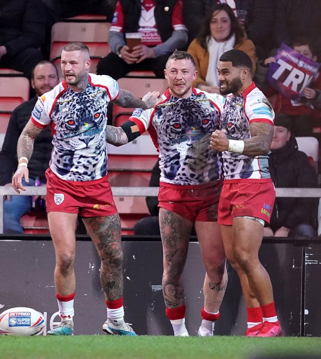 Leigh celebrate a try against Salford