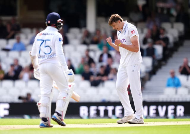 Josh Hull celebrates the wicket of Sri Lanka captain Dhananjaya de Silva