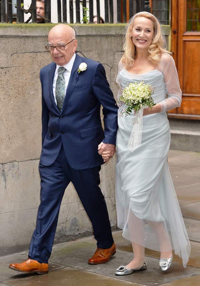 Rupert Murdoch and Jerry Hall outside St Bride’s Church in London after a ceremony to celebrate their marriage