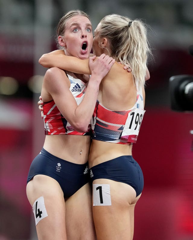 Keely Hodgkinson, left, looks shocked after taking silver at the Tokyo Olympics