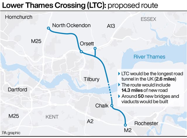 Map showing the proposed route of the Lower Thames Crossing