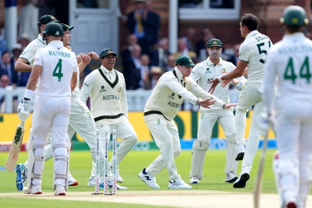 Australia’s Mitchell Starc celebrates the wicket of South Africa’s Aiden Markram