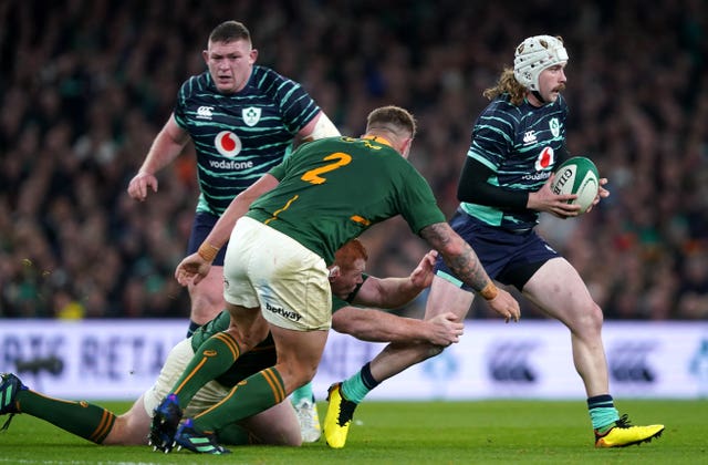 Ireland’s Mack Hansen, right, has already claimed two tries this autumn