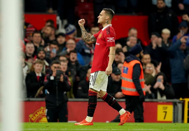 Manchester United’s Antony celebrates scoring 