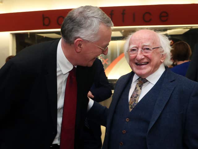 President Michael D Higgins (right) with Hilary Benn, Chairman of the UK House of Commons Committee on Exiting the EU (Brian Lawless/PA)