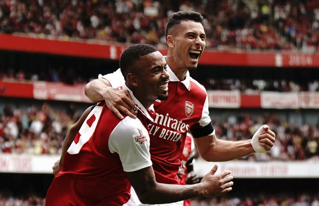 Arsenal’s Gabriel Jesus celebrates with Gabriel Martinelli