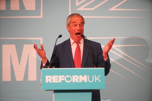 Reform UK leader Nigel Farage speaks during a press conference at Church House in Westminster, London