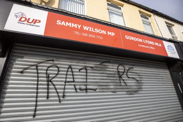 Graffiti with the word ‘Traitors’ has been sprayed on the shared DUP offices in Larne of Sammy Wilson MP and the Minister of Agriculture, Environment and Rural Affairs, Gordon Lyons