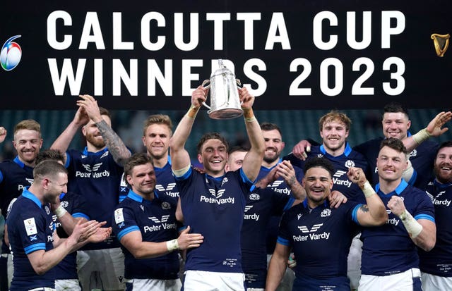 Scotland celebrate with the Calcutta Cup last year 