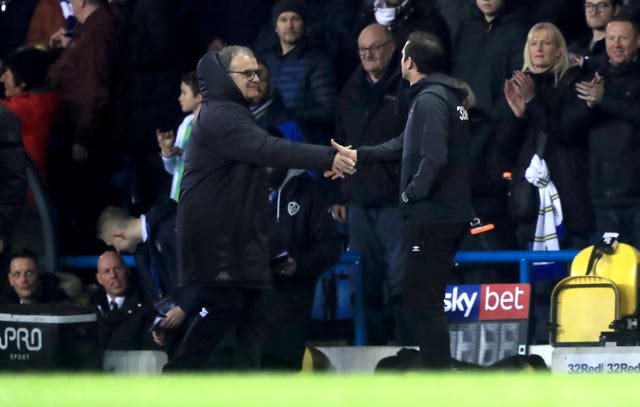 Derby manager Frank Lampard (right) and Leeds boss Marcelo Bielsa shake hands ahead of Friday night's match (Simon Cooper/PA).