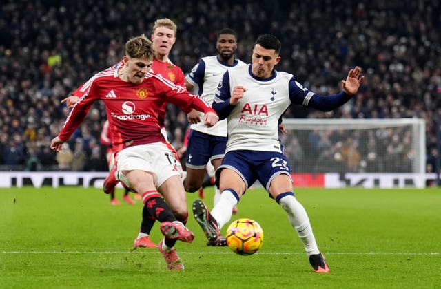Manchester United’s Alejandro Garnacho has an attempt on goal during the Premier League match at the Tottenham Hotspur Stadium