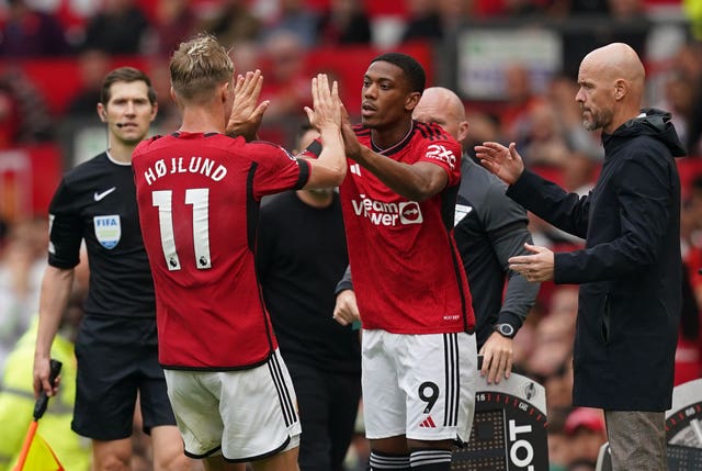 United boss Erik ten Hag substitutes Rasmus Hojlund for Anthony Martial (Martin Rickett/PA)