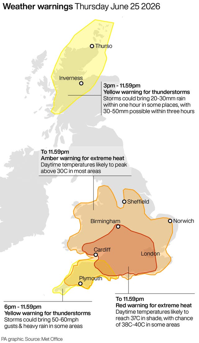 Weather warnings Thursday June 25 2026