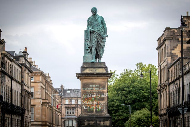 Graffiti that reads 'Son of slaver and Colonialist Profiteer' has appeared on the statue of Robert Dundas 2nd Viscount Melville, son of Henry Dundas 1st Viscount Melville, in Melville Street, Edinburgh