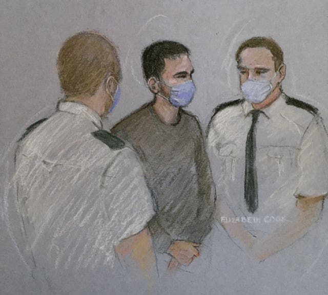 Cody Ackland (centre) during a previous appearance at Plymouth Magistrates’ Court (Elizabeth Cook/PA)