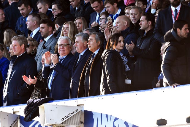 Everton manager Carlo Ancelotti with chairman Bill Kenwright and owner Farhad Moshiri 