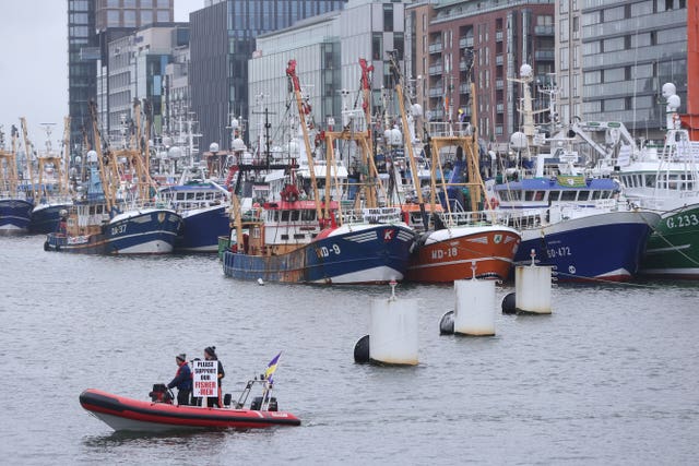 Trawlers from all around the Irish coast gathered outside the Convention Centre in Dublin, where fishermen are protesting over cuts to quotas, the impact of Brexit and the EU Common Fisheries policy