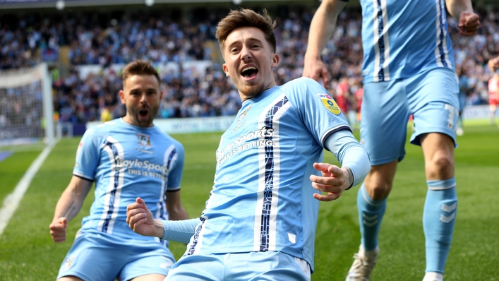 Coventry City’s Josh Eccles (centre) celebrates his opener (Barrington Coombs/PA)