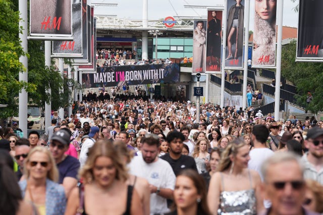 Fans gather outside Wembley Stadium in north west London, ahead of Taylor Swift’s latest Eras Tour concert