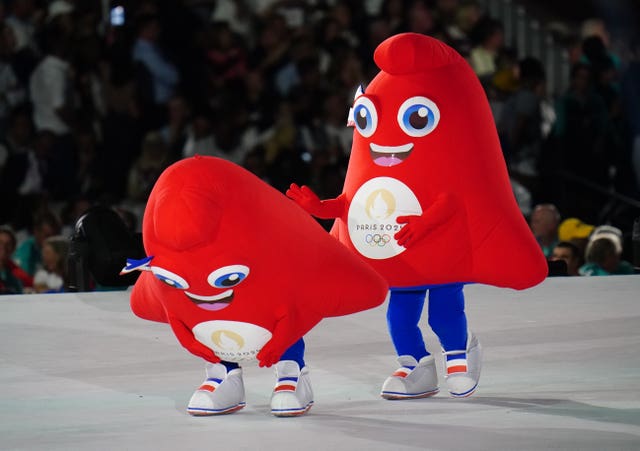 Olympic mascots leap-frog each other in Paris