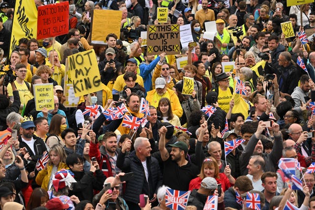 Anti-monarchy protesters demonstrate in London ahead of the coronation of King Charles III and Queen Camilla on Saturday. Picture date: Saturday May 6, 2023