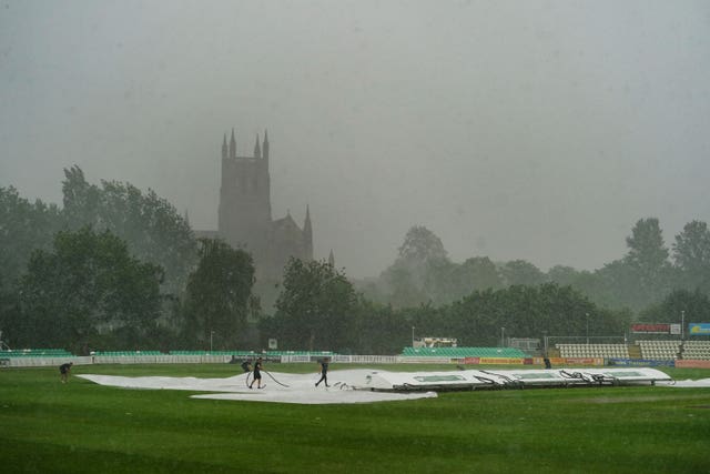 A thunderstorm stops play during the Charlotte Edwards Cup final match at New Road, Worcester. 
