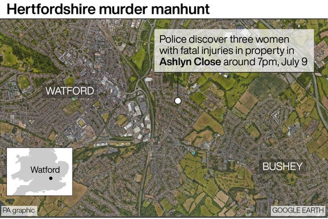 Map showing area of Hertfordshire murder manhunt