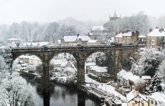 Snow covers Knaresborough Viaduct in North Yorkshire
