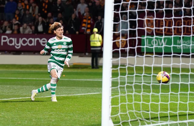 Celtic’s Kyogo Furuhashi scores their side’s first goal of the game against Motherwell
