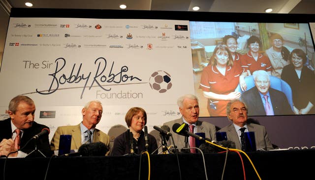 Sir Bobby Robson at the launch of his foundation, pictured with (left to right) Jim Rosenthal, Bob Wilson Dr Ruth Plummer and Des Lynham (Owen Humphreys/PA)