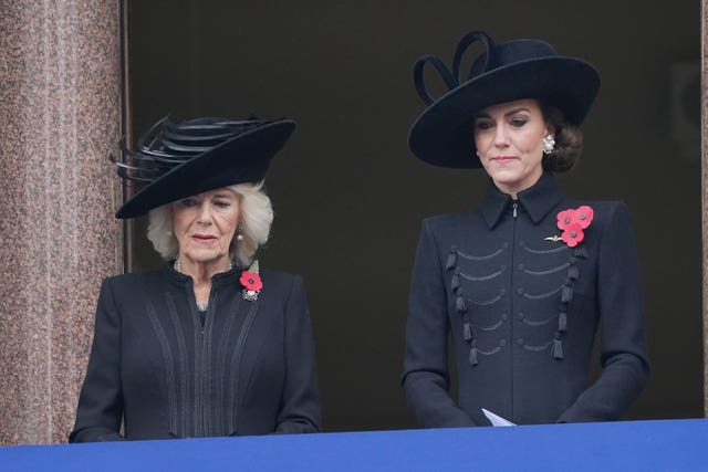 The Queen and the Princess of Wales stand, sombre in thought, on a balcony overlooking the Cenotaph during the Remembrance Sunday service in 2023 