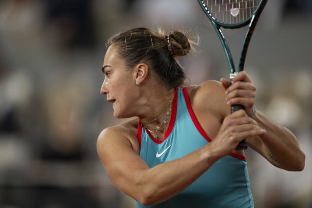 Aryna Sabalenka lines up a backhand during her semi-final against Iga Swiatek