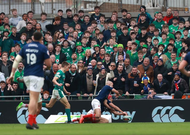 France’s Louis Bielle Biarrey scores a try