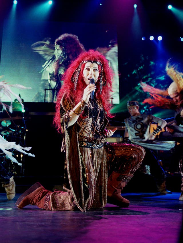 American pop singer Cher performs on stage at London’s Wembley Arena as part of her UK tour
