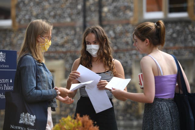 Benita Stipp, centre, and Mimi Ferguson, left, react as students at Norwich School receive their A-level results 