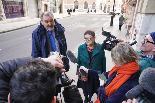 NEU joint general secretaries Kevin Courtney (left) and Mary Bousted, speak to the media outside the Department for Education in London 