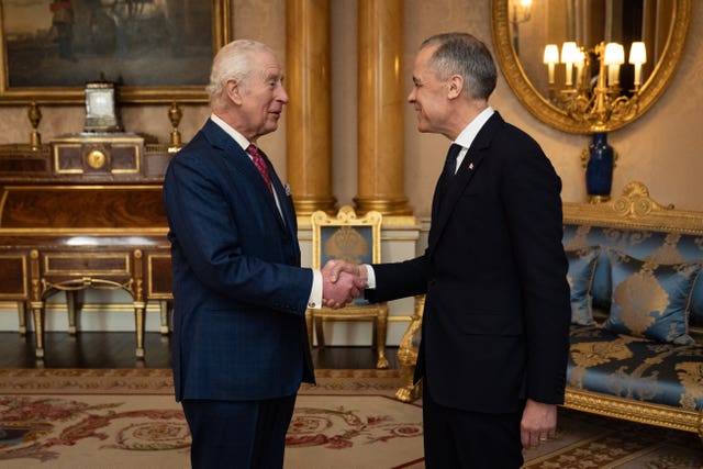 The King and Mark Carney shake hands and chat at the start of the audience