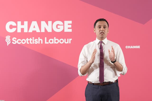 Anas Sarwar delivers speech in front of Scottish Labour signage