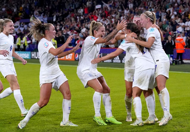 England players celebrate Fran Kirby's goal during the semi-final win over Sweden