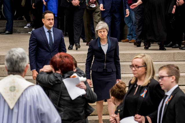 Leo Varadkar and Theresa May after the funeral of murdered journalist Lyra McKee at St Anne's Cathedral, Belfast