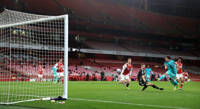 Diogo Jota fires home Liverpool's third goal in their 3-0 Premier League win against Arsenal at the Emirates Stadium 