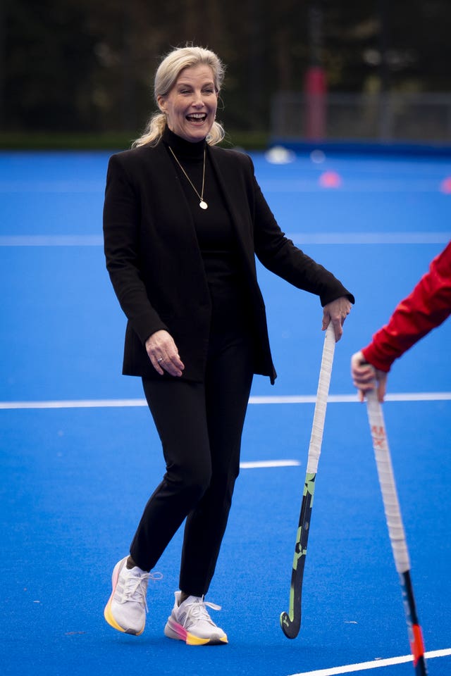 The Duchess of Edinburgh on the hockey pitch at Bisham Abbey National Sports Centre in Marlow, Buckinghamshire 